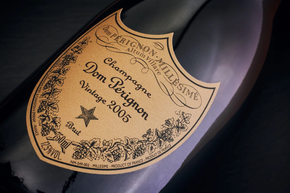 Close up of Bottle of Champagne Dom Perignon Vintage 2005 on a black background