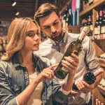 Attractive couple choosing which white wine to buy in a store