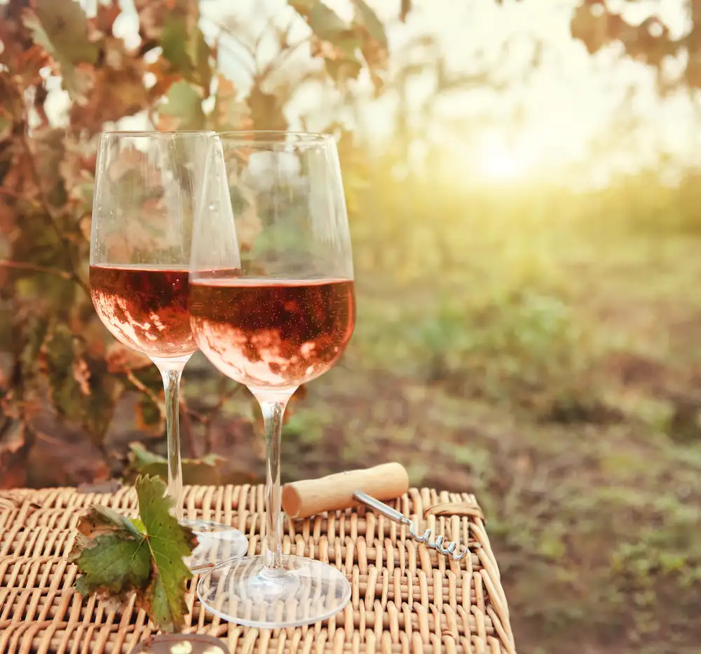 Two glasses of white zinfandel wine on a basket out in a vineyard